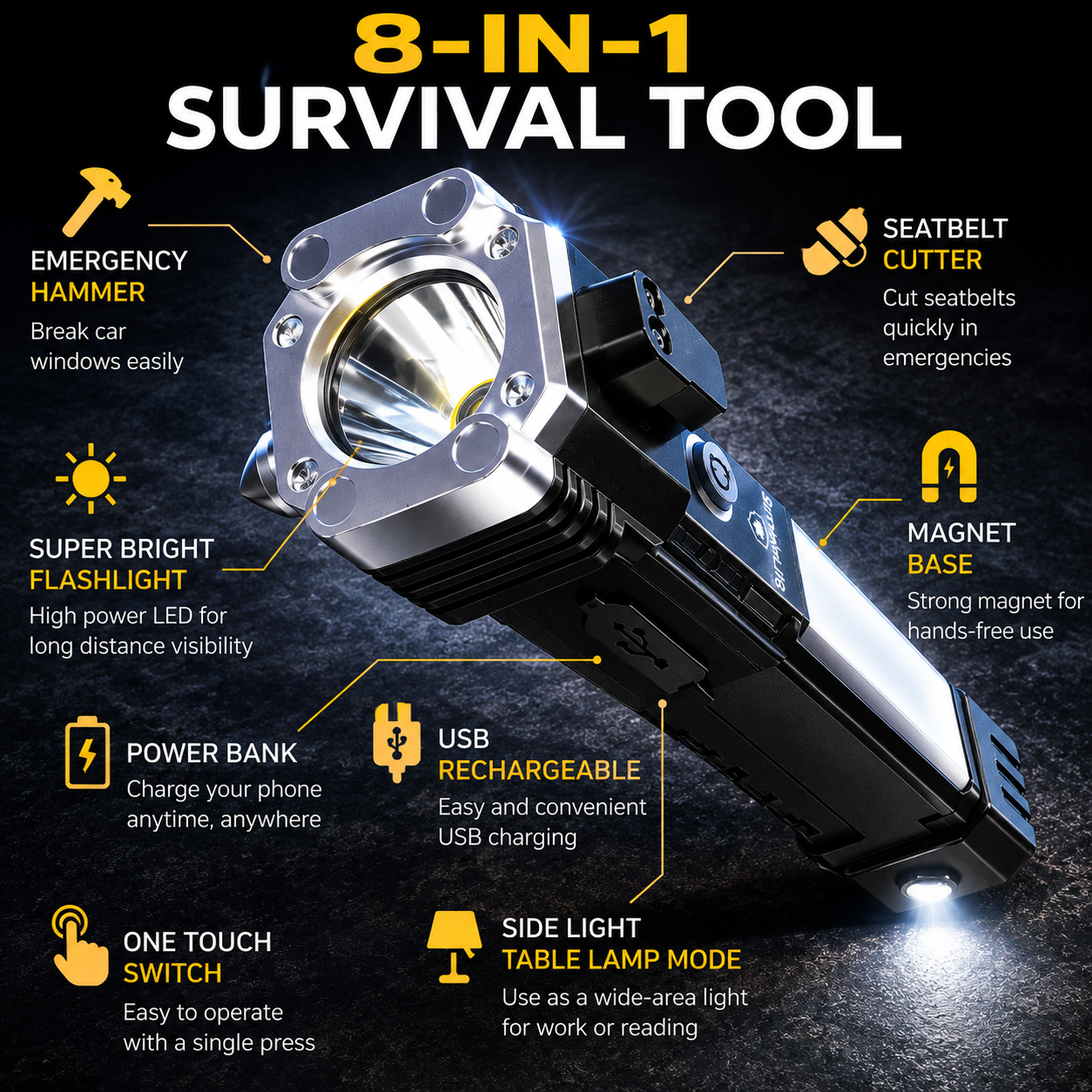8 in 1 Portable Rechargeable Torch LED Flashlight