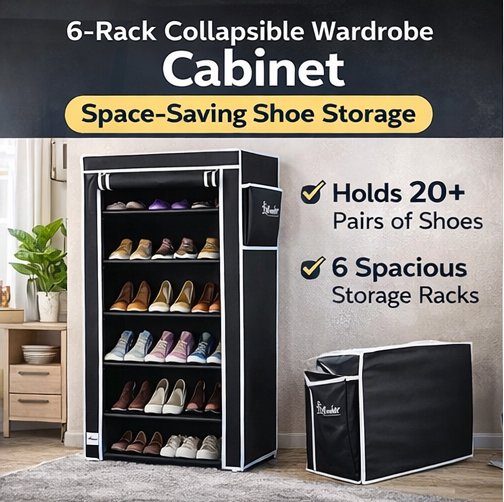 6-Rack Collapsible Wardrobe Cabinet & Shoe Storage Organizer with Dust Cover