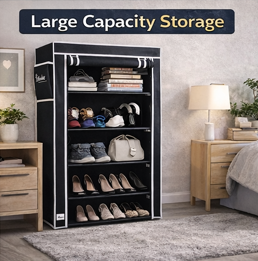 6-Rack Collapsible Wardrobe Cabinet & Shoe Storage Organizer with Dust Cover