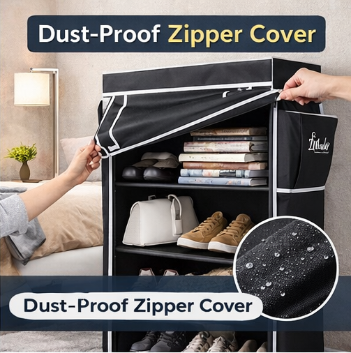 6-Rack Collapsible Wardrobe Cabinet & Shoe Storage Organizer with Dust Cover