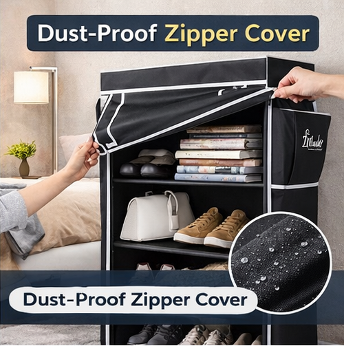 6-Rack Collapsible Wardrobe Cabinet & Shoe Storage Organizer with Dust Cover