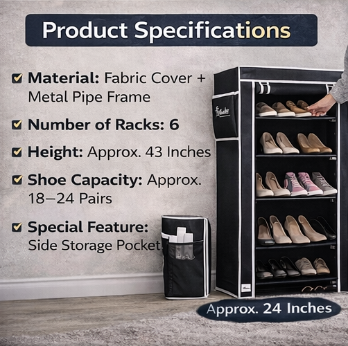 6-Rack Collapsible Wardrobe Cabinet & Shoe Storage Organizer with Dust Cover