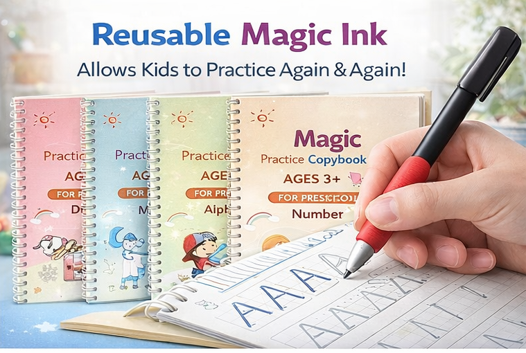 SmartKids Magic Handwriting Copybook Set (4 Books + Pen + 10 Refills)
